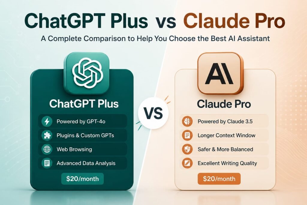 ChatGPT Plus and Claude Pro compared side by side, showcasing their key features, capabilities, and pricing in a modern infographic.