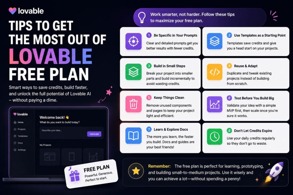 A Lovable AI infographic featuring eight tips for getting the most out of the free plan, including prompt optimization, templates, project reuse, MVP testing, documentation, and efficient credit usage.