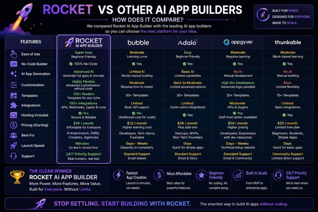 rocket vs other ai app builders