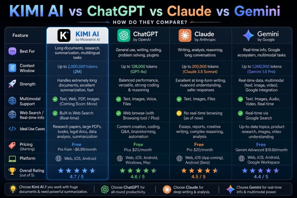 Kimi AI App vs. ChatGPT, Claude, and Gemini