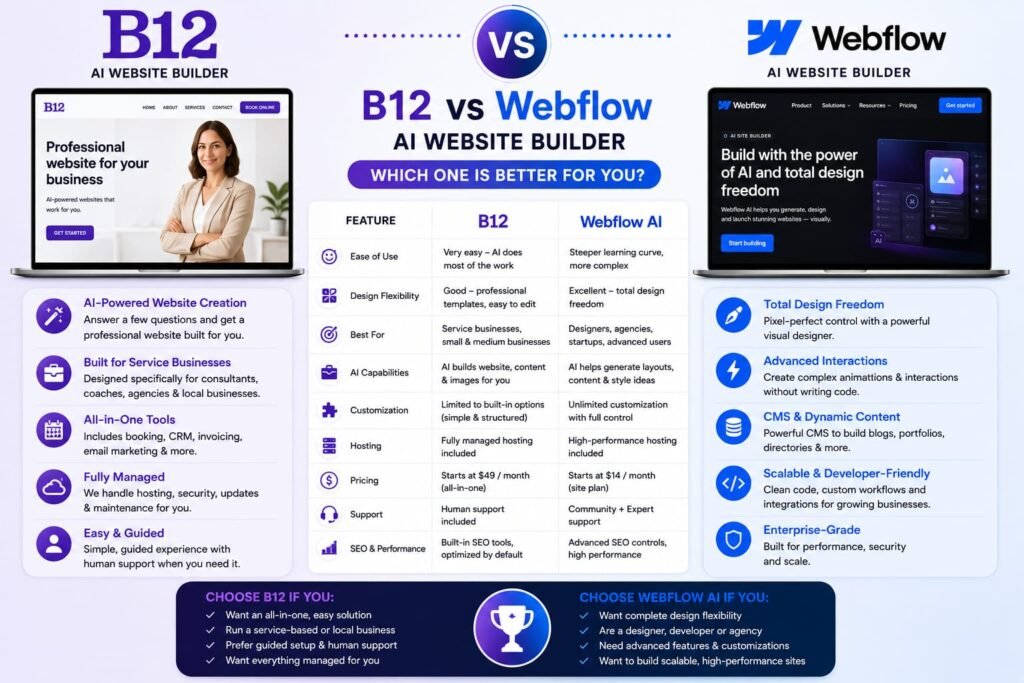 b12 vs webflow ai website builder