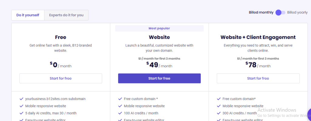 b12 ai website builder pricing